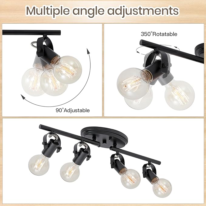 4-Light Track Lighting Fixtures Ceiling, Black Kitchen Track Lighting with Adjustable Light Head,Flush Mount Ceiling Light for Dining Room Living Room Hallway Art Wall Bathroom.