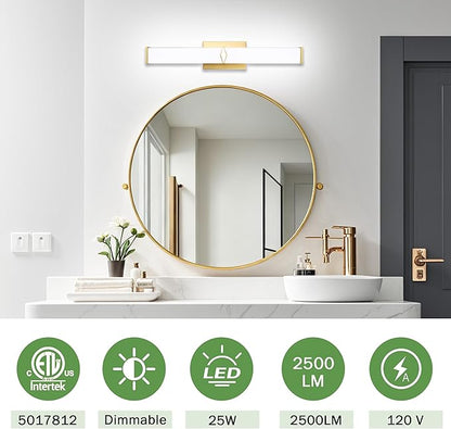 24 Inch Bathroom Vanity Light 2500LM, 5700K Daylight White Modern Bathroom Light Dimmable, AC 120V 25W Gold LED Vanity Lighting Fixtures Wall Sconce ETL Certified, 2Pack