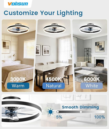VOLISUN Low Profile Ceiling Fans with Lights and Remote, 20in Flush Mount Ceiling Fans with Light, 3000K-6500K Dimmable Fandelier LED Fan Light, Black Bladeless Ceiling Fans with Lights for Bedroom