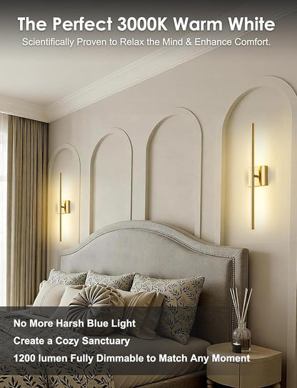 KARTOOSH 20.4 Inch Hardwired Wall Sconces Set of Two, 3000K Warm White Dimmable Modern Wall Sconces, 350° Rotate LED Light Fixtures Wall Lamp for Bathroom Living Room Bedroom Bedside, Brushed Brass