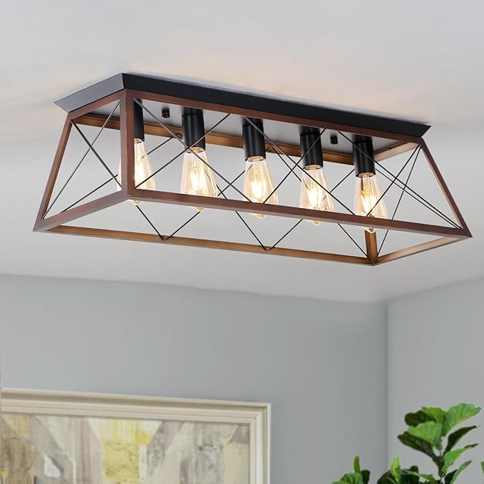 31.5" Flush Mount Ceiling Light, 5-Light Industrial Vintage Chandelier with Matte Black & Brushed Bronze Finish, Large Close to Ceiling Lighting for Dining Room, Kitchen Island, Living Room, Hallway