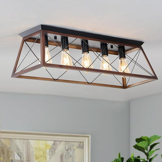 31.5" Flush Mount Ceiling Light, 5-Light Industrial Vintage Chandelier with Matte Black & Brushed Bronze Finish, Large Close to Ceiling Lighting for Dining Room, Kitchen Island, Living Room, Hallway