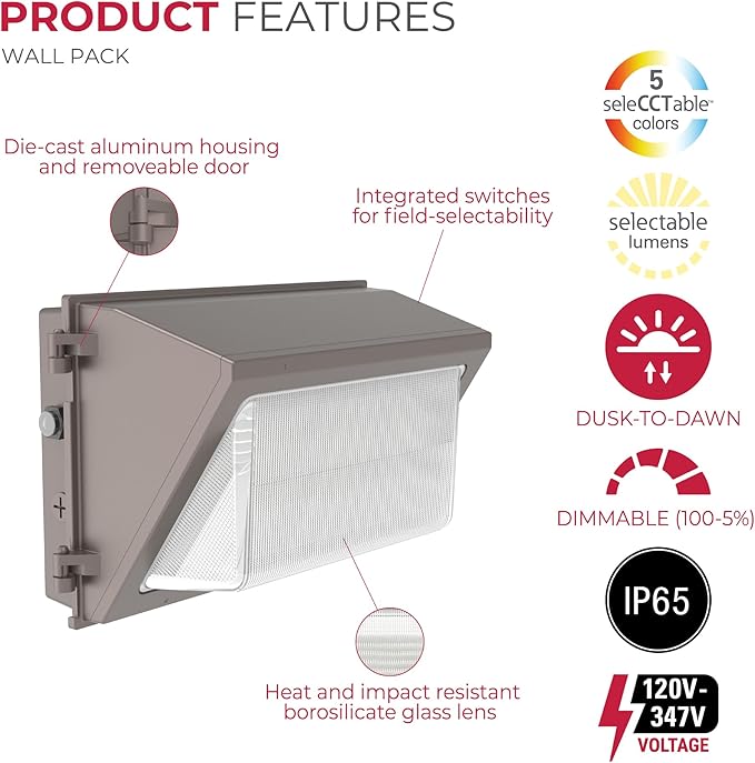 Lumark WP Outdoor LED Wall Light, 120-347V w/Selectable CCT and Lumens, Dimming, Dusk to Dawn - Medium