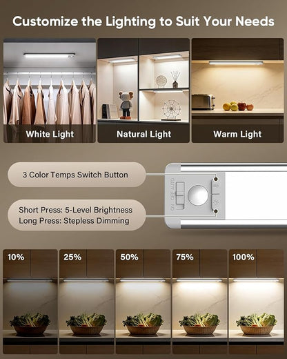 MCGOR 3 Pack 10inch Under Cabinet Lighting, Rechargeable Motion Sensor Light Indoor with 3 Color Temps, Dimmable Magnetic Led Closet Lights, Wireless Under Counter Lights for Kitchen, Stairs