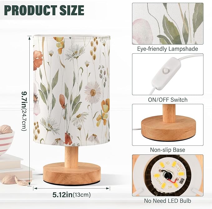 Bedside Table Lamp Dried Flower Nightstand Lamp with Wood Colorful Floral Leaves Desk Lamps for Bedroom Living Room Nursery Office Home Decor