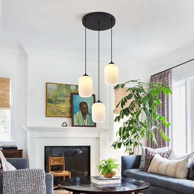 Small 3 Light Cluster Chandelier White and Black Glass Cylinder Pendant Light Vintage Milk Glass Chandelier Mid Century Modern Kitchen Island Pendant Light Stairwell Lighting Fixtures