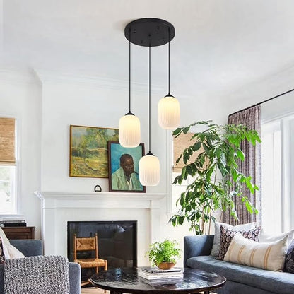 Small 3 Light Cluster Chandelier White and Black Glass Cylinder Pendant Light Vintage Milk Glass Chandelier Mid Century Modern Kitchen Island Pendant Light Stairwell Lighting Fixtures