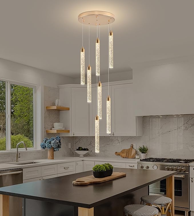 Crystal Staircase Chandelier, Modern Gold Spiral Dimmable LED Cluster Raindrop Foyer Chandelier Lighting, Bubble Living Room Hanging Light Fixture 7 Light Remote Control