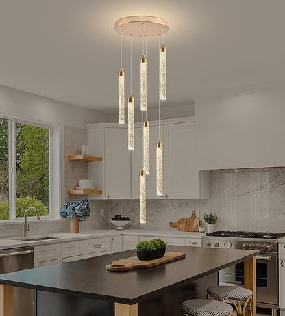 Crystal Staircase Chandelier, Modern Gold Spiral Dimmable LED Cluster Raindrop Foyer Chandelier Lighting, Bubble Living Room Hanging Light Fixture 7 Light Remote Control