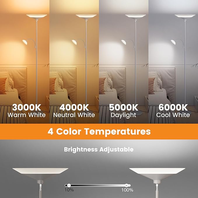SIBRILLE Sliver Gray Torchiere Floor Lamp with Reading Light, 4 Color Temperatures, Dimmable & Individual Light Control Standing Lamp, 34W Bright Tall Lamp with Remote for Living Room Bedroom Office