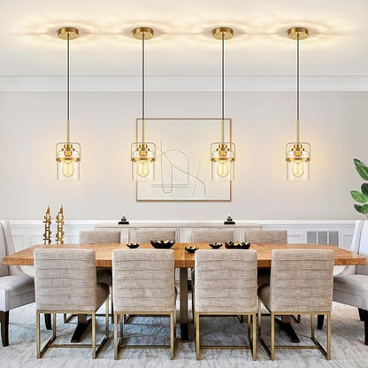 Modern Brass Pendant Lights Kitchen Island Light, Adjustable Hanging Light Fixture with Clear Glass Shade, Farmhouse Pendant Light for Dining Room Bar Over Sink/Table/Counter, 2 Pack