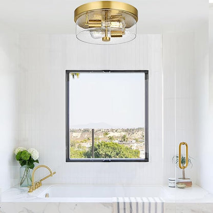 Flush Mount Ceiling Light Fixtures, 2-Light Gold Ceiling Mount for Farmhouse with Seeded Glass Lampshade, Industrial Flush Mount Light Fixture Farmhouse for Hallway, Kitchen, Entryway and Foyer