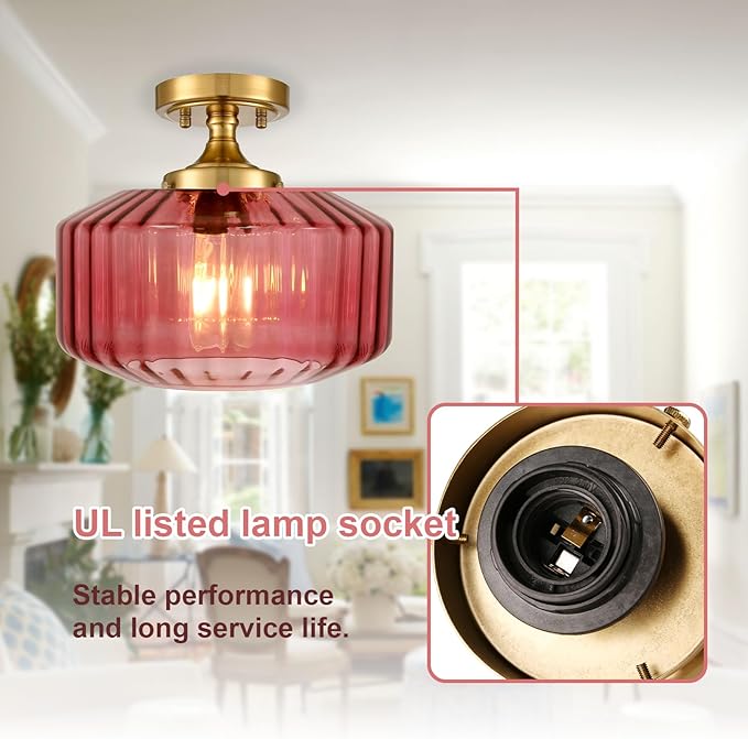 2-Pack Purple Glass Flush Mount Ceiling Lights, Mid-Century Modern Gold Close-to-Ceiling Fixtures, E26 Base for Hallway, Bedroom, Bathroom Vanity, Closet, Laundry Room