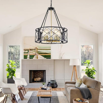 21'' Farmhouse Chandelier, 5-Light Black and Gold Dining Room Light Fixture Over Table, Rustic Industrial Drum Hanging Pendant Lights Fixture for Kitchen Island Living Room Bedroom Hallway Entryway