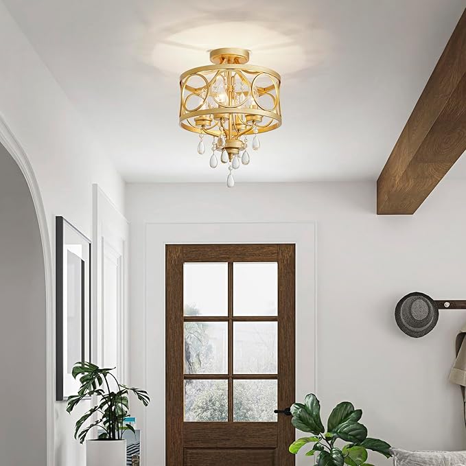 Crystal Ceiling Light Fixture, Modern Semi Flush Mount Ceiling Light, 4-Light Gold Round Crystal Chandelier Hallway Lighting Fixtures for Bedroom Bathroom Foyer Entryway Dining Room Kitchen