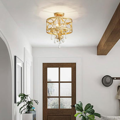 Crystal Ceiling Light Fixture, Modern Semi Flush Mount Ceiling Light, 4-Light Gold Round Crystal Chandelier Hallway Lighting Fixtures for Bedroom Bathroom Foyer Entryway Dining Room Kitchen