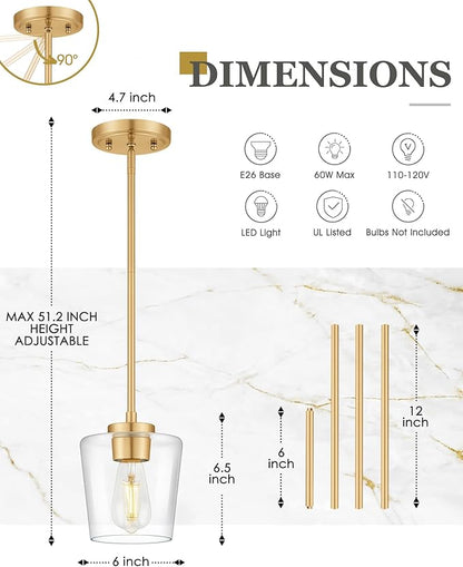 Gold Pendant Lights Kitchen Island, 6" Hanging Lights Fixtures with Clear Glass Shade, Modern Brass Kitchen Pendant Lighting Over Island for Dining Room, AD-22004-1P-GD-C