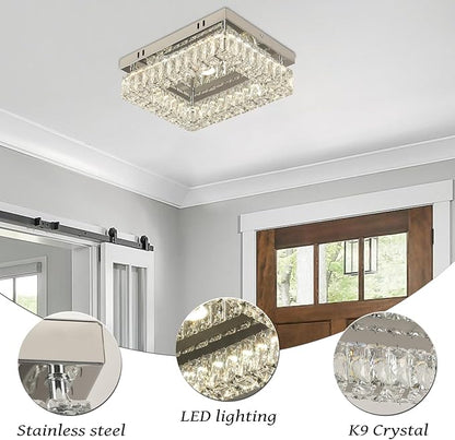 Finktonglan Modern Crystal Flush Mount Ceiling Light, 11.8" Rectangular Dimmable LED Ceiling Fixture with Multi-Faceted Crystal Prisms, 18W Low Profile for Bedroom Hallway Entryway