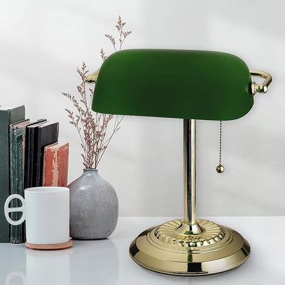 Catalina Lighting 17466-017 13.5'' Traditional Banker's Lamp Light Fixture with Green Glass Cylinder Shade for Office, Library, Living Room, or Dorm, Polished Brass