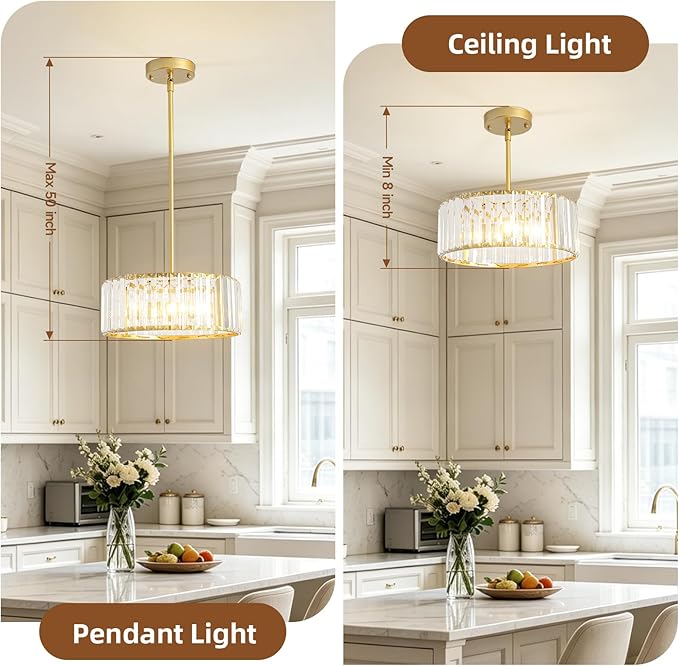 Small Gold Crystal Chandelier,Modern Dining Room Light Fixture Over Table,3-Ligh Round Kitchen Hallway Lighting Fixture, Semi Flush Mount Ceiling Pendant Light for Entryway Foyer, 12''