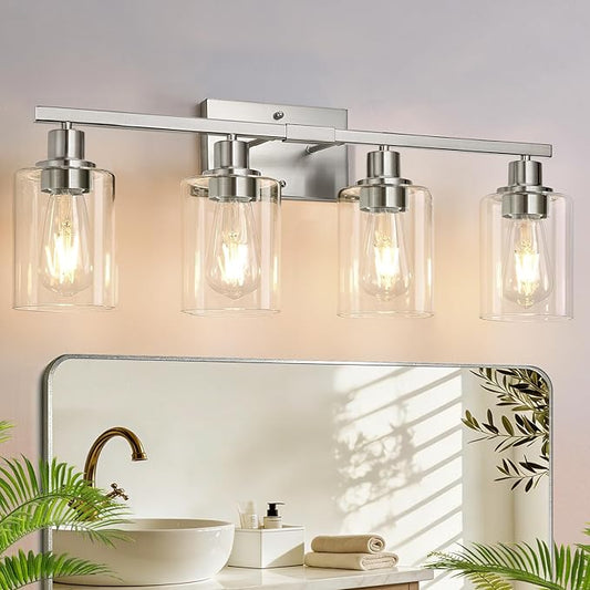 MOKATNG 4-Light Bathroom Light Fixtures, Vanity Light with Clear Glass Shades, Brushed Nickel Bathroom Light Fixtures Over Mirror, Modern Bathroom Wall Lamp for Mirror Living Room Cabinet Bedroom