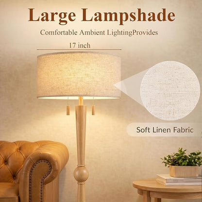 MOFFE 62.8" Solid Wood Floor Lamp,Tall Standing Floor Lamp with 2-Light Pull Chain, 17" Linen Drum Shade, Sculptural Wood Base & Stem,Transitional Floor Lamp for Living Room Bedroom, Includes 2 Bulbs