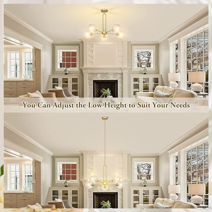 Globe Chandelier Pendant Lighting, Gold Modern Large Semi-Flush Ceiling Light Fixture with Clear Glass, 5-Light Sputnik Light Fixture Dining Room, for Kitchen Living Room Bedroom