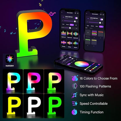Light Up Letters Marquee Letter - Music Sync RGB Color Changing LED Lights Letter Logo Game Lights for Girls Women Party Birthday Christmas Valentine's Day Wall Desktop Decoration (MRGB-P)