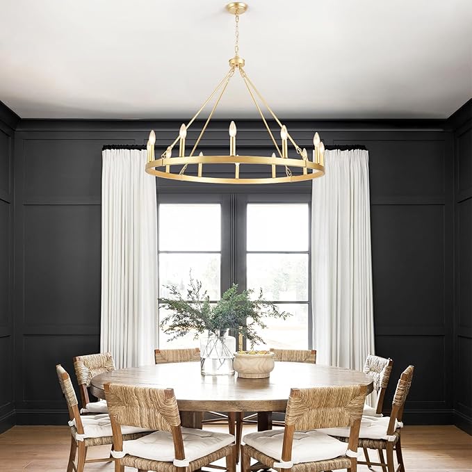 Gold Wagon Wheel Chandelier for Dining Room Light Fixture 12Light Gold Chandelier for Foyer 38inch 27-86" Height Adjustable Pendant Light for Flat Sloped Ceilings Dining Room Kitchen Island Entryway
