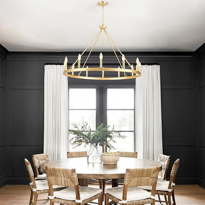 Gold Wagon Wheel Chandelier for Dining Room Light Fixture 12Light Gold Chandelier for Foyer 38inch 27-86" Height Adjustable Pendant Light for Flat Sloped Ceilings Dining Room Kitchen Island Entryway