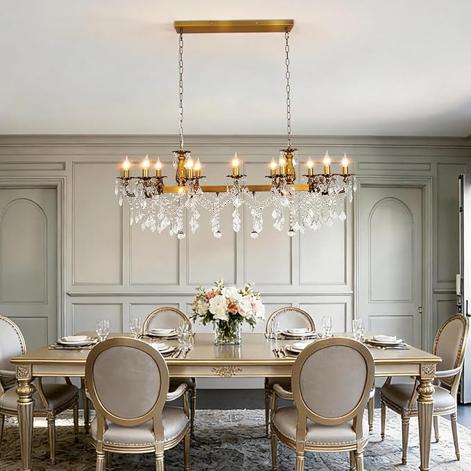 Rectangle Crystal Chandeliers Extra large modern Chandelier Island Lighting 12 Lights Candle Pendant Rectangle Hanging Ceiling Light Fixture for Dining Room Living Room Kitchen Island Entry L51.95