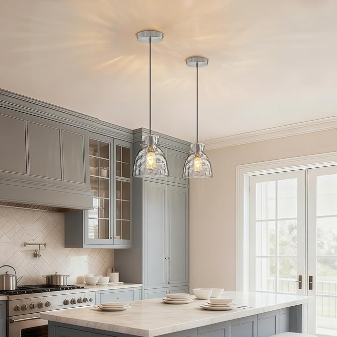 Brushed Nickel Pendant Lights Kitchen Island 2 Pack, 5.9“ Mini Hammered Glass Pendant Light Fixtures, Adjustable Modern Hanging Lights Kitchen Pendant Lighting over Island Sink Bathroom Dining Room