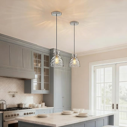 Brushed Nickel Pendant Lights Kitchen Island 2 Pack, 5.9“ Mini Hammered Glass Pendant Light Fixtures, Adjustable Modern Hanging Lights Kitchen Pendant Lighting over Island Sink Bathroom Dining Room