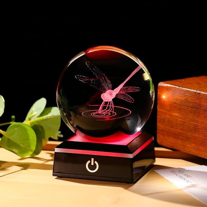 Arikyrist 3D Dragonfly Crystal Ball Figurine with LED Base, Dragonfly Gifts for Men Women on Christmas Birthday, Glass Statue Glass Animals Insect Sphere Decorative Ball for Home Decor (80mm)
