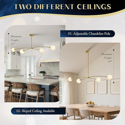 Modern Gold Sputnik Chandelier L51” Mid Century 4 Lights Milk Glass Globe Ceiling Pendant Light Fixture Contemporary for Kitchen Island Dining Room Bar Bedroom Home Office