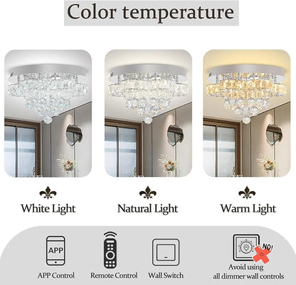 Flashing God Dia 16in Modern LED Crystal Chandelier,Flush Mount Ceiling Light Fixture with K9 Crystals,Small Chandelier for Bedroom Dining Hallway Lighting