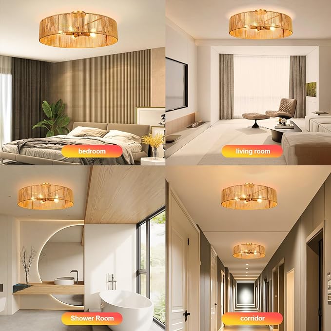 24" Natural Rattan Ceiling Light, Semi Flush Mount Gold Ceiling Light Fixture, 5-Light Boho Chandelier Antique Brass Brush Paint Farmhouse Lamp Fixture for Bedroom Living Room Kitchen Island