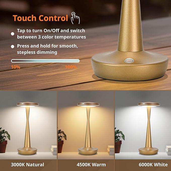 Cordless Rechargeable Table Lamp - 6000mAh Portable LED Battery Operated Table Light - Outdoor Waterproof Dimmable Table Lamps for Restaurant Dining Bedroom Bars Home Patio Outdoor (2 Bronze)