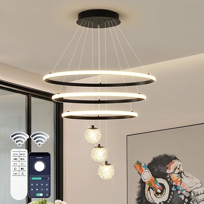 ORANOOR LED Modern 3 Ring Chandeliers for Dining Room, 24in Dimmable Kitchen Pendant Lamp, Black Dining Room Light Fixtures Ceiling Hanging Over Table, Globe Round Chandeliers for Living Room Bedroom