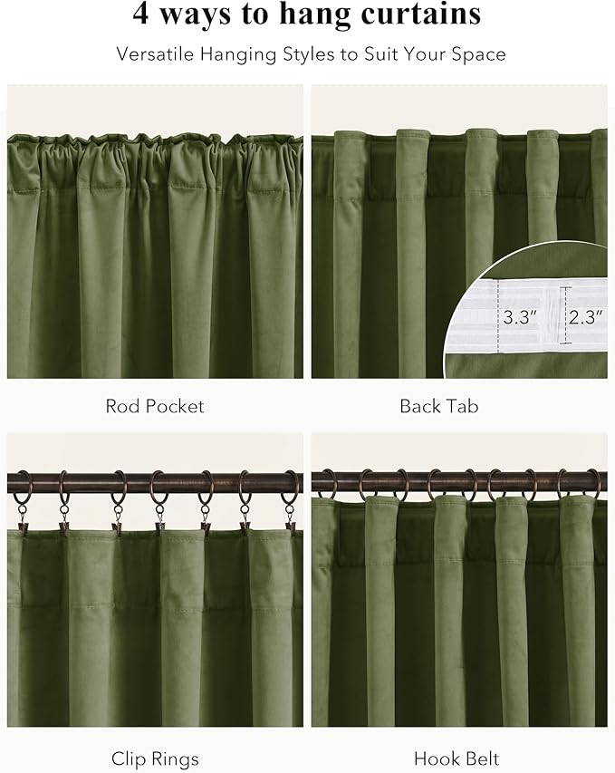 StangH Moss Green Curtains 92 inches Long Super Soft Velvet Room Darkening Thermal Insulated Window Drapes Back Tab Christmas Decor for Bedroom Living Room, W52 x L92, 2 Panels