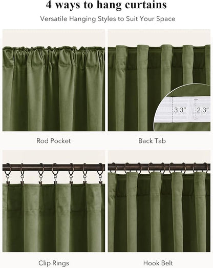 StangH Moss Green Curtains 92 inches Long Super Soft Velvet Room Darkening Thermal Insulated Window Drapes Back Tab Christmas Decor for Bedroom Living Room, W52 x L92, 2 Panels