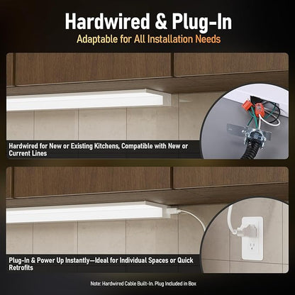 TORCHSTAR Ultra-Slim LED Under Cabinet Lighting Fits 24 Inch Cabinets, 5CCT 16W 1200LM, Hardwired & Plug-in, 120V CRI90 Linkable Dimmable Thin Under Counter Lights for Kitchen, ETL T24, Pack of 2