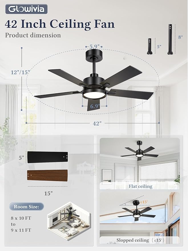 42 Inch Ceiling Fan with Lights and Remote, Smart APP Control, Dimmable with All-Setting Memory, Quiet DC Motor Reversible Blades, Damp Rated Modern Ceiling Fan for Bedroom Patio Living Room
