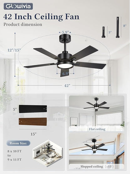 42 Inch Ceiling Fan with Lights and Remote, Smart APP Control, Dimmable with All-Setting Memory, Quiet DC Motor Reversible Blades, Damp Rated Modern Ceiling Fan for Bedroom Patio Living Room