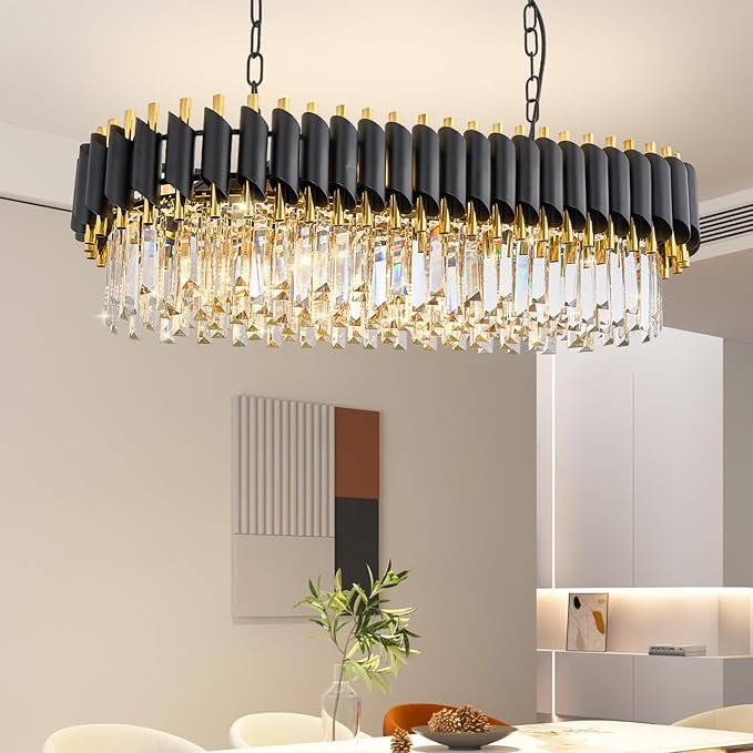 Modern Rectangular Chandelier Black and Gold Crystal Chandeliers for Dining Room 3 Tier 8-Light Oval Contemporary Ceiling Pendant Light Fixture for Kitchen Island Bar Living Room L33 inch