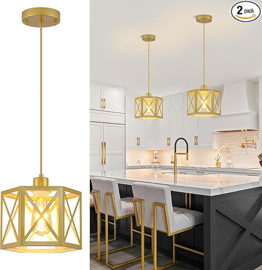 XSDeTu 2 Pack Gold Pendant Lights, Modern Farmhouse Hanging Light Fixture with Hexagonal Cage, Vintage Brass Metal Ceiling Lights, Adjustable Lantern Pendant Lighting for Kitchen Island Sink Hallway