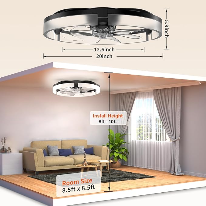 AIKVSXER 20" Ceiling Fan with Light, Modern Low Profile Fan Light, Quiet DC Motor, 6 Speeds, 3000K-6500K Dimmable LED, App & Remote Control, for Bedroom Living Room Indoor Home Decor