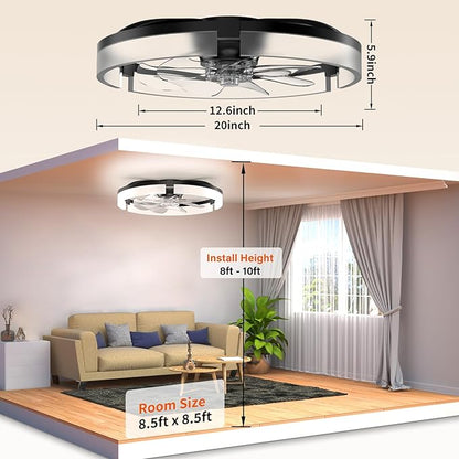 AIKVSXER 20" Ceiling Fan with Light, Modern Low Profile Fan Light, Quiet DC Motor, 6 Speeds, 3000K-6500K Dimmable LED, App & Remote Control, for Bedroom Living Room Indoor Home Decor