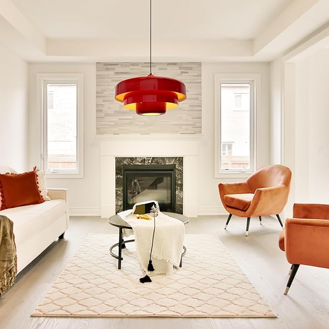Mid Century Pendant Light Fixtures Red Ceiling Pendant Lighting 3-Layer Metal Shade Design Vintage Hanging Light Flush Mount Light for Dining Table Kitchen Island Hallway
