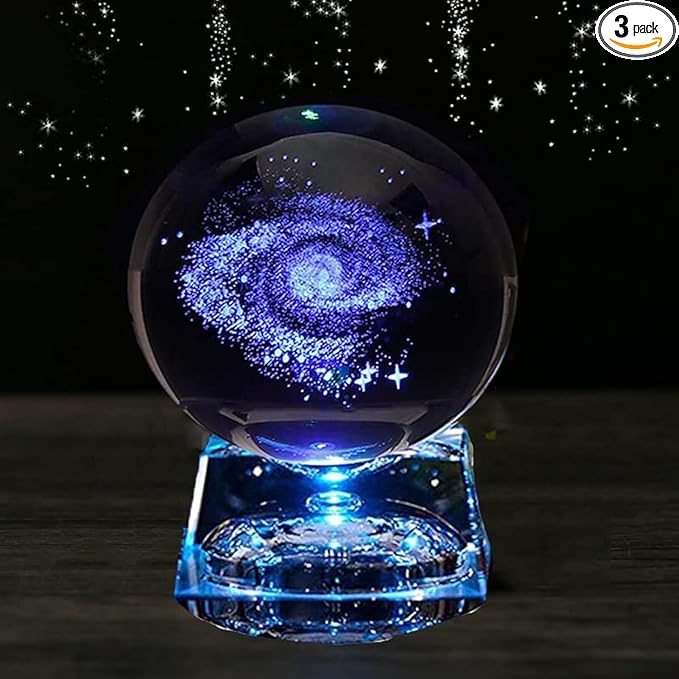 Zulux Galaxy Crystal Ball - LED Lamp Base, Clear 80mm(3 inch) Galaxy Glass Art for Kids, Teacher Gifts, Anniversary and Boyfriend Birthday